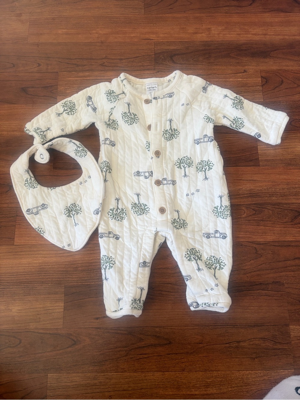 Carter's Cream Quilted Footie with Green Tree & Blue Car Prints